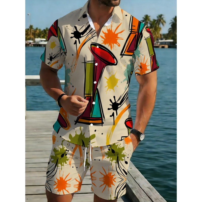 Beach Shirt Hawaiian - Męski lekki zestaw z poliestru: koszula