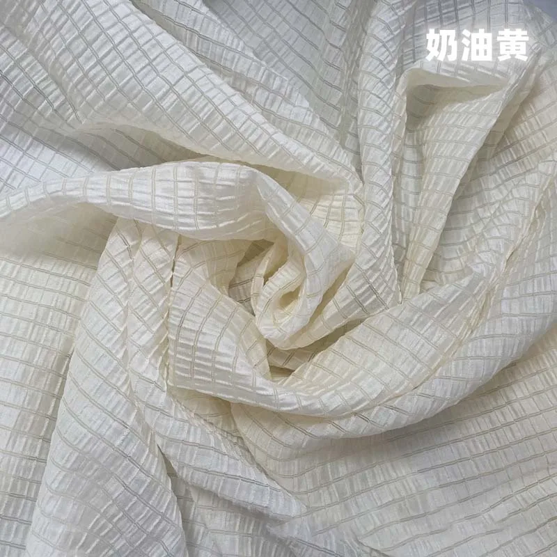 Summer Clothing Material - Kremowo-żółta tkanina w kratę, miękka, oddychająca,