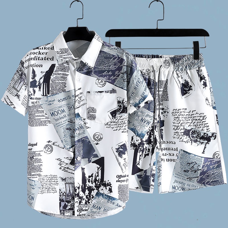 Beach Shirt Hawaiian - Męski dwuczęściowy zestaw w gazetowy wzór:
