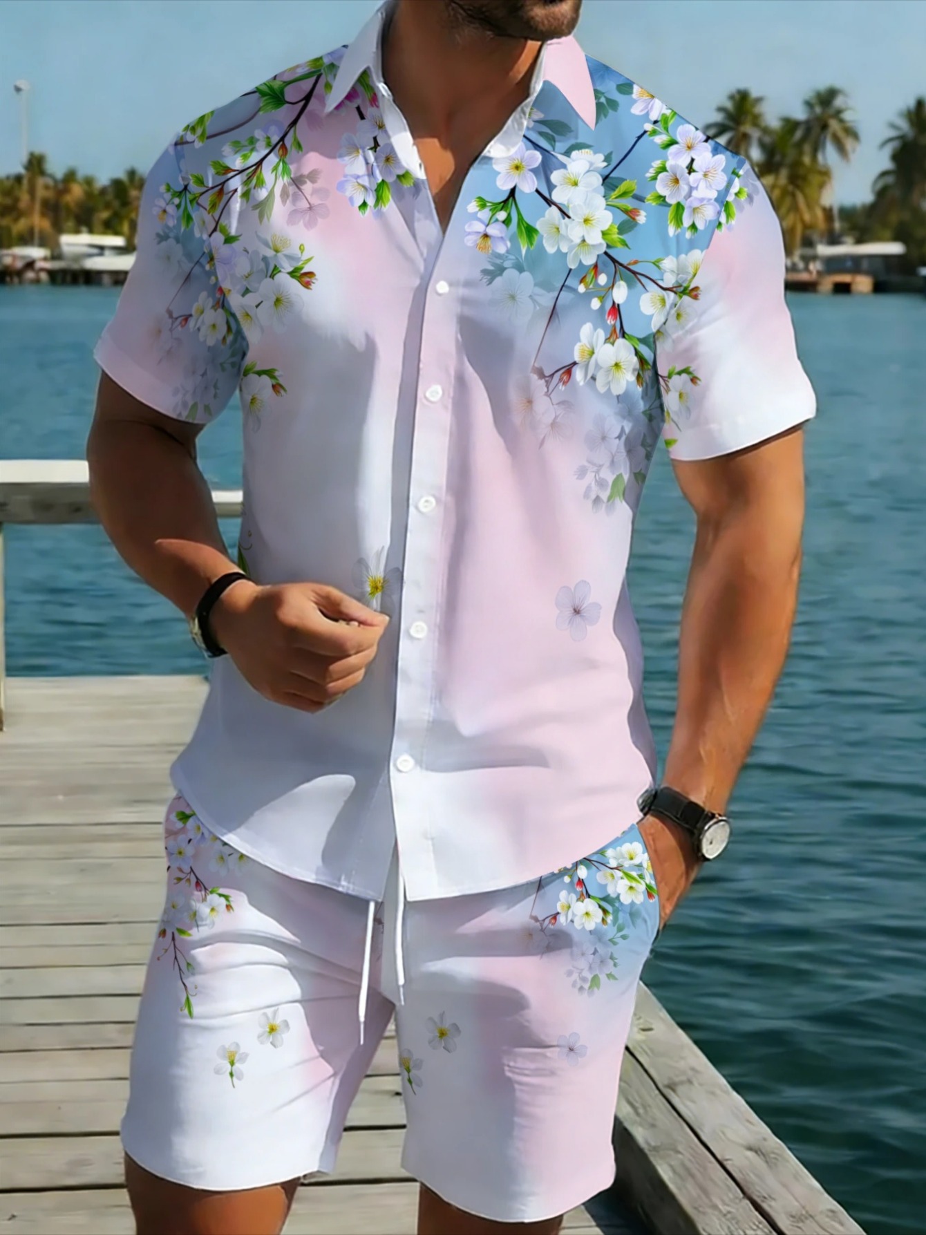 Beach Shirt Hawaiian - Męski hawajski zestaw dwuczęściowy z gradientowym